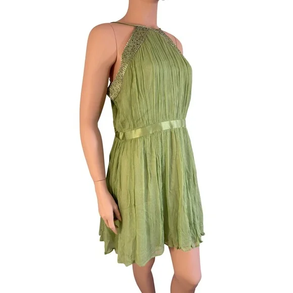 Vintage Green 100% Silk Beaded Halter Pleated Mini Dress Sz 14 Fairy Spring - Picture 5 of 10